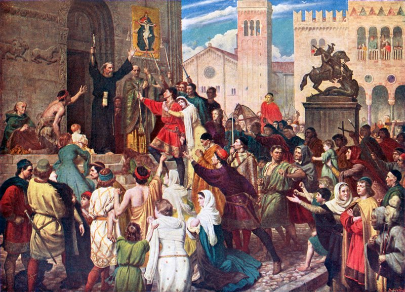 Petrus de Kluizenaar predikt de eerste kruistocht (kleurenlitho) door James (after) Archer