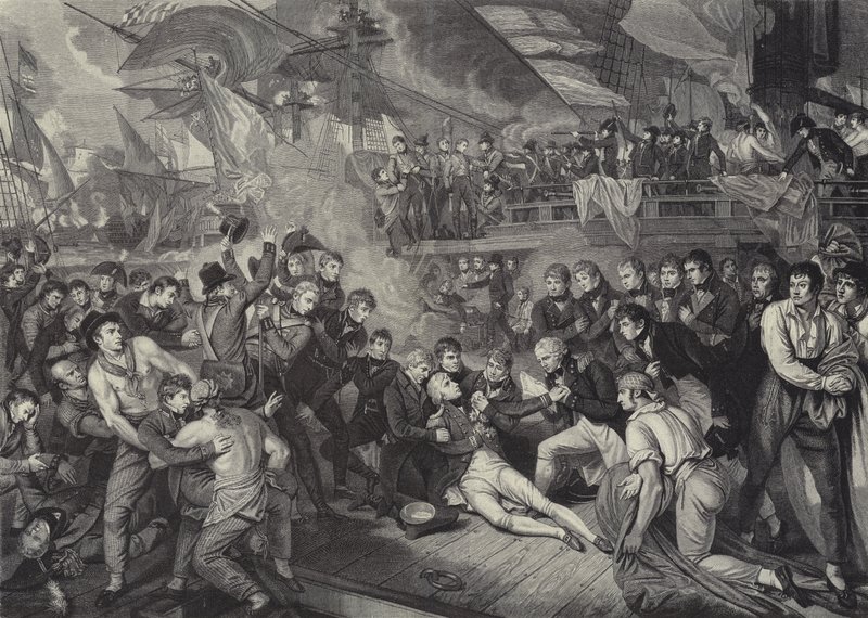 De dood van admiraal Lord Nelson in de Slag bij Trafalgar door James (after) Heath