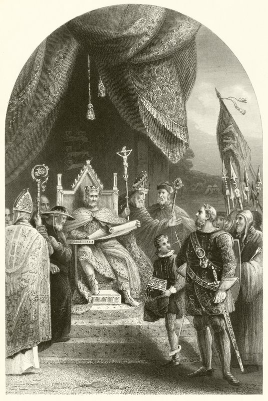 Koning Jan ondertekent de Magna Charta (gravure) door James (after) Lonsdale