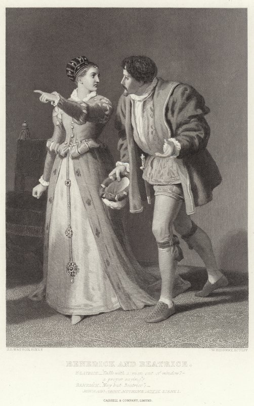 Benedick en Beatrice, Veel drukte om niets, Act IV, Scene I door James Dawson Watson