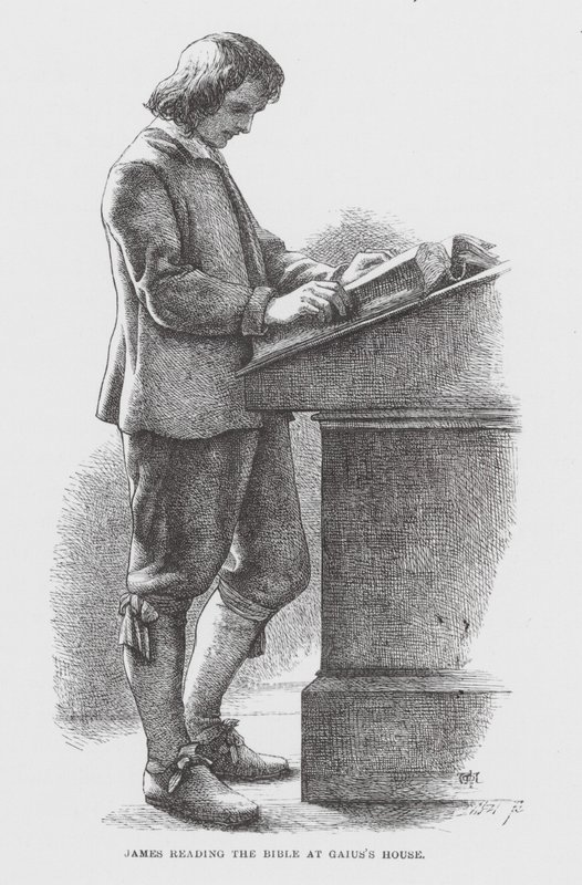 Jakobus leest de Bijbel in het huis van Gaius (gravure) door James Dawson Watson