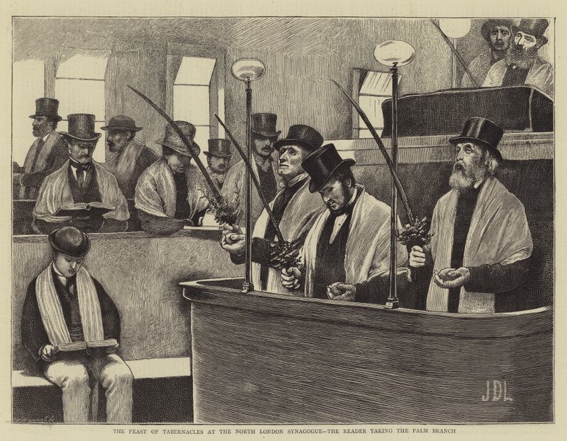 Het Loofhuttenfeest in de Noord-Londense synagoge, de lezer die de palm tak neemt door James Dromgole Linton
