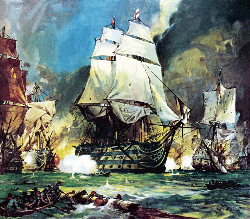HMS Victory tijdens de Slag bij Trafalgar door James Edwin McConnell