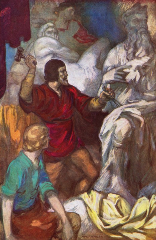 Michelangelo snijdt Mozes uit de rots (kleurenlitho) door James Edwin McConnell