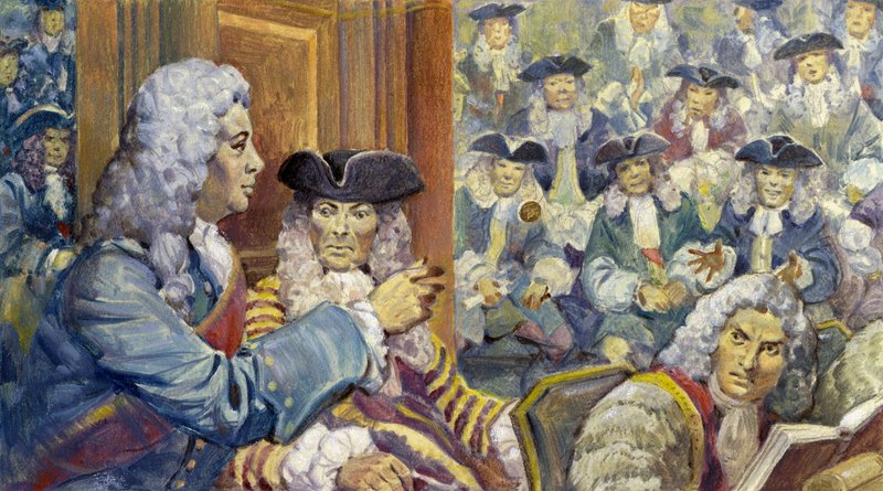 Sir Robert Walpole verwedde ooit een guinea op zijn klassieke nauwkeurigheid, en verloor (gouache op papier) door James Edwin McConnell