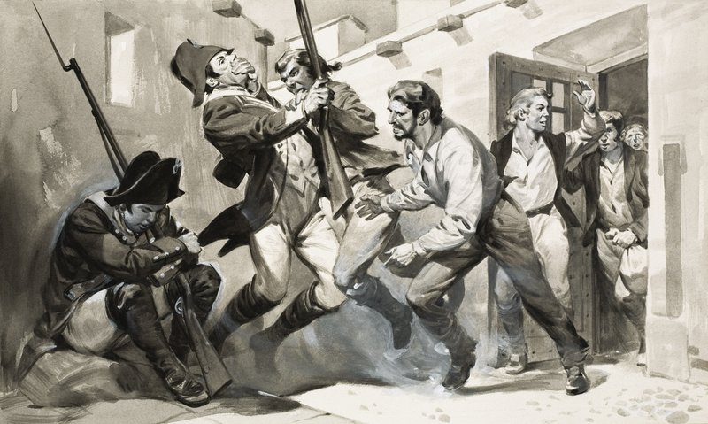 William Scoresby ontsnapt uit Spaanse gevangenis (gouache op papier) door James Edwin McConnell