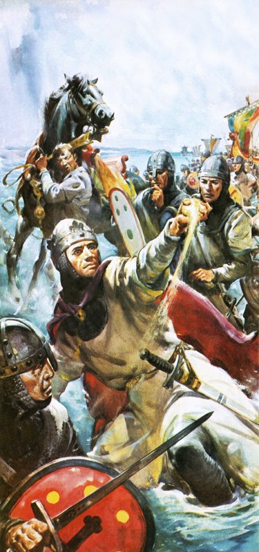 Willem de Veroveraar komt aan in Engeland in 1066, met een handvol zand door James Edwin McConnell