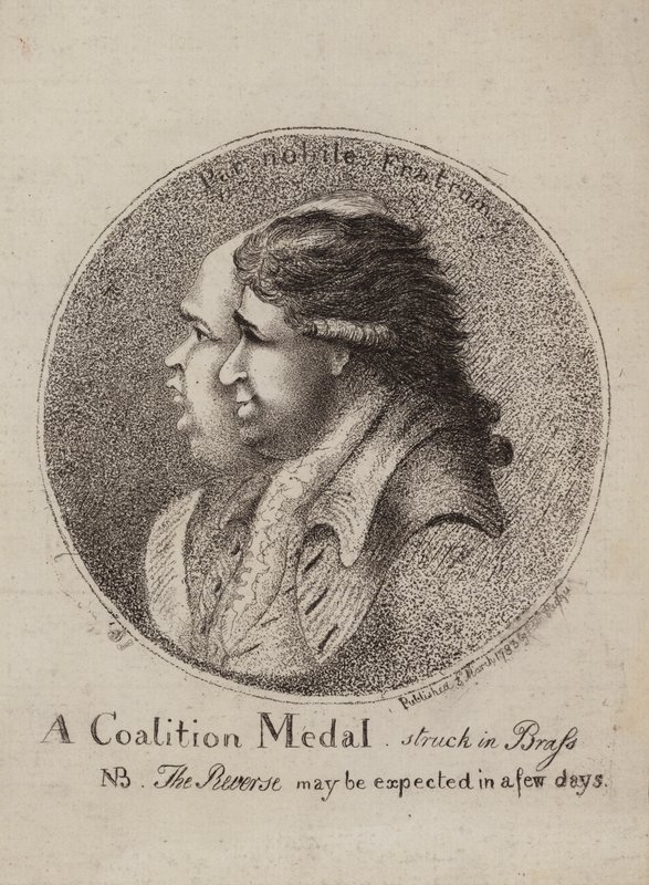 Een coalitiemedaille, geslagen in messing: satire op de coalitie van Britse politici Lord North en Charles James Fox, 1783 door James Sayers