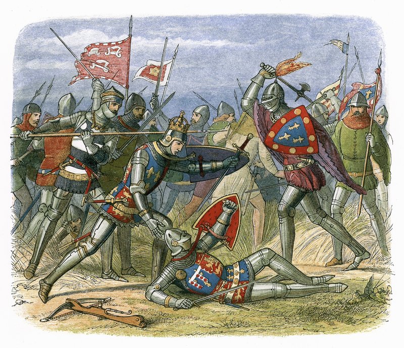 Koning Hendrik V aangevallen door de hertog van Alençon bij de slag van Agincourt door James William Edmund Doyle