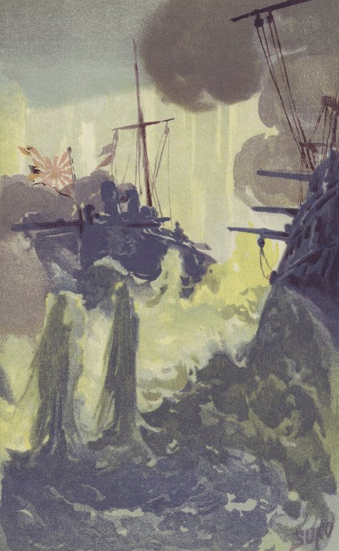 Een nachtelijke aanval door Japanse torpedobootjagers op het Russische squadron bij Port Arthur door Japanese School