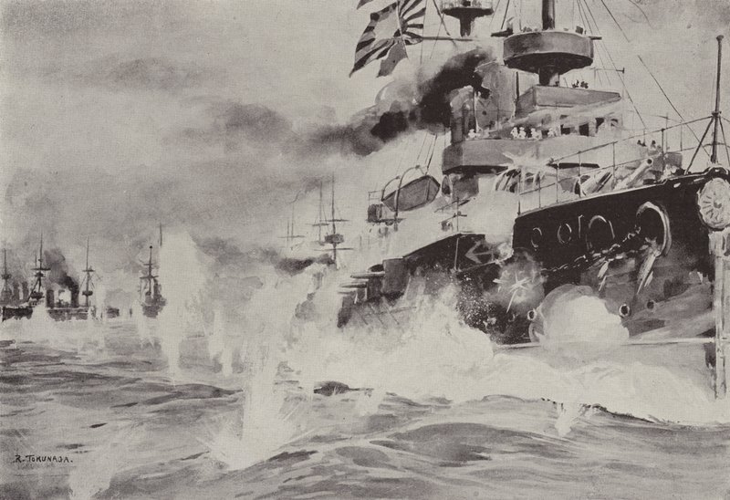 De Mikasa die dapper vecht tegen het Russische Eskader bij Port Arthur op 10 augustus door Japanese School