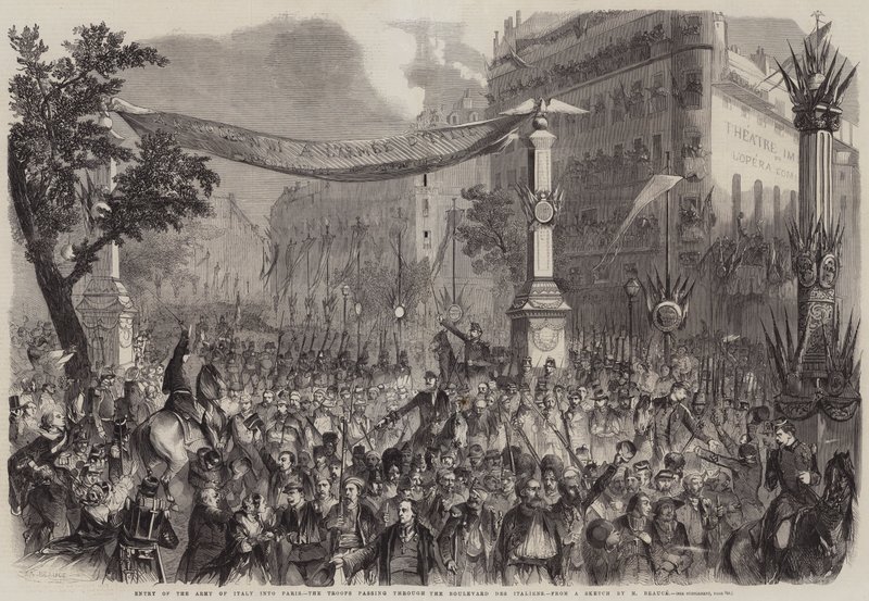 Intocht van het leger van Italië in Parijs, de troepen marcheren door de Boulevard des Italiens door Jean Adolphe Beauce