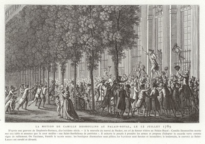Camille Desmoulins roept op tot wapens buiten het Palais Royal, Parijs, Franse Revolutie, 12 juli 1789 door Jean Duplessis Bertaux