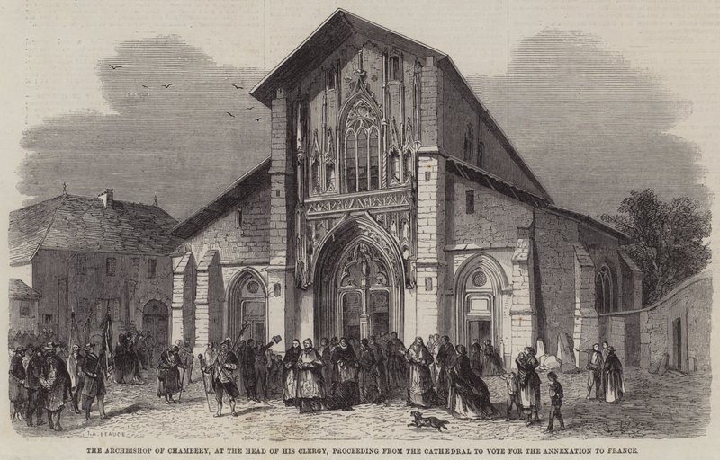 De Aartsbisschop van Chambéry, aan het hoofd van zijn Geestelijkheid, die van de Kathedraal naar de Stembus gaat voor de Annexatie aan Frankrijk door Jean Adolphe Beauce