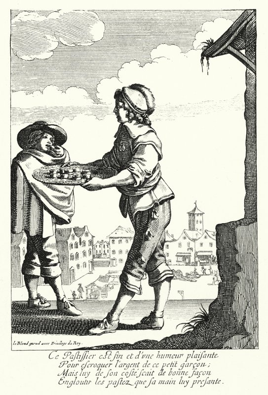 De taartverkoper (gravure) door Jean Baptiste Alexandre (after) Le Blond