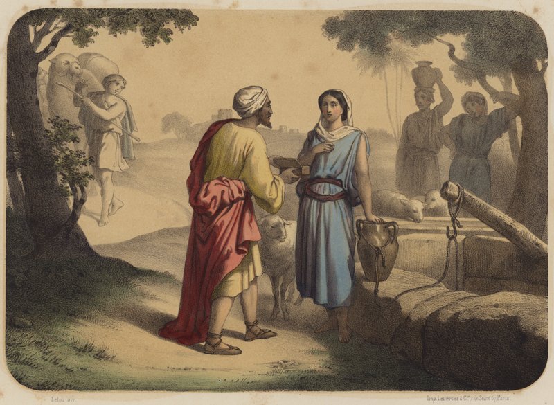 Eliezer en Rebecca door Jean Baptiste Auguste Leloir