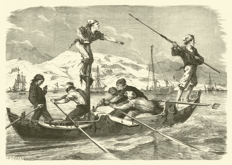 Zwaardvissen vangen voor de kust van Sicilië (gravure) door Jean Baptiste Henri Durand Brager
