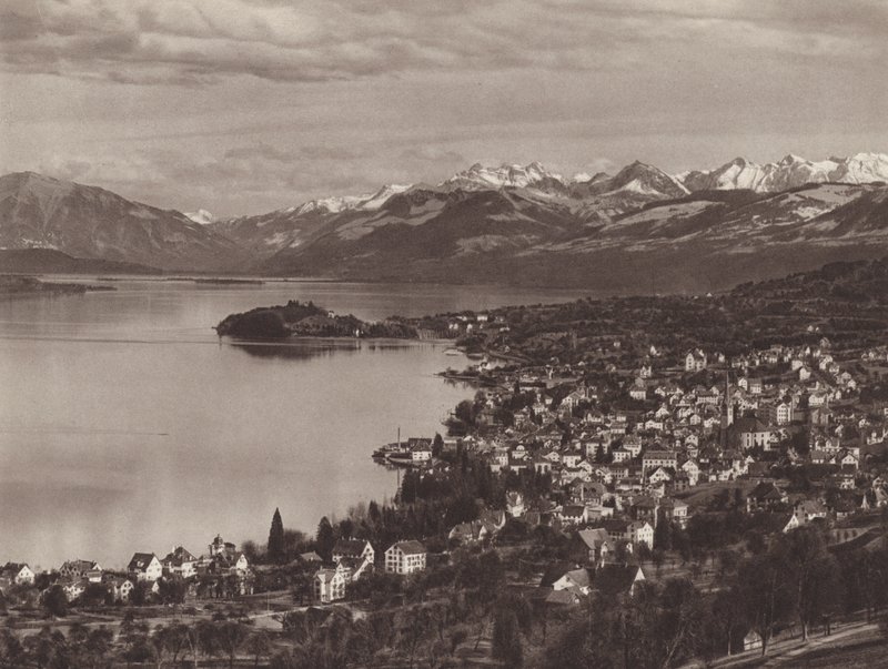 Zwitserland: Het Meer van Zürich, Horgen, de Au en de Alpen door Jean Gaberell
