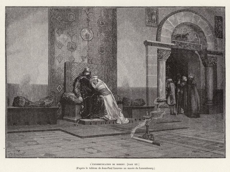 Excommunicatie van Koning Robert II van Frankrijk door Paus Gregorius V voor het trouwen met Bertha van Bourgondië, zijn nicht, 998 door Jean Louis Hamon