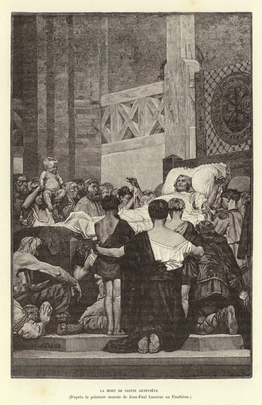 De dood van Sint Genevieve, ca. 512 (gravure) door Jean Louis Hamon