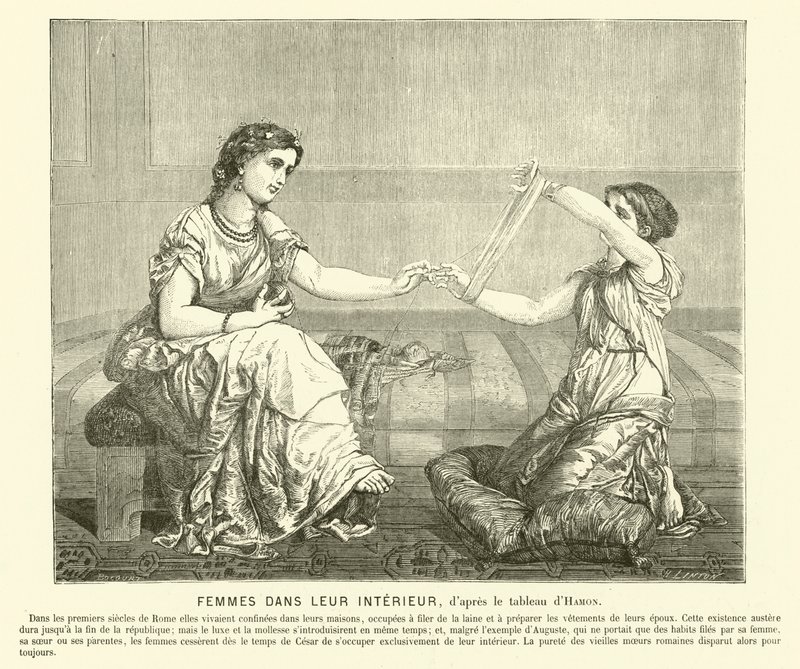 Vrouwen die wol spinnen in een huis, oud Rome door Jean Louis Hamon