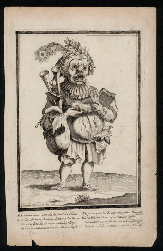 Man met doedelzak en pauwenveren hoofdtooi, surrealistisch kostuum, ca. 1700 door Jeremias Wolff