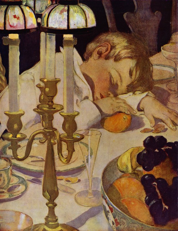 Robin legde zijn hoofd op zijn arm en sloot zijn ogen (kleur litho) door Jessie Willcox Smith
