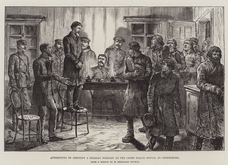 Poging om een Russische Nihilist te identificeren op het Hoofd Politiebureau, St. Petersburg door Johann Nepomuk Schonberg
