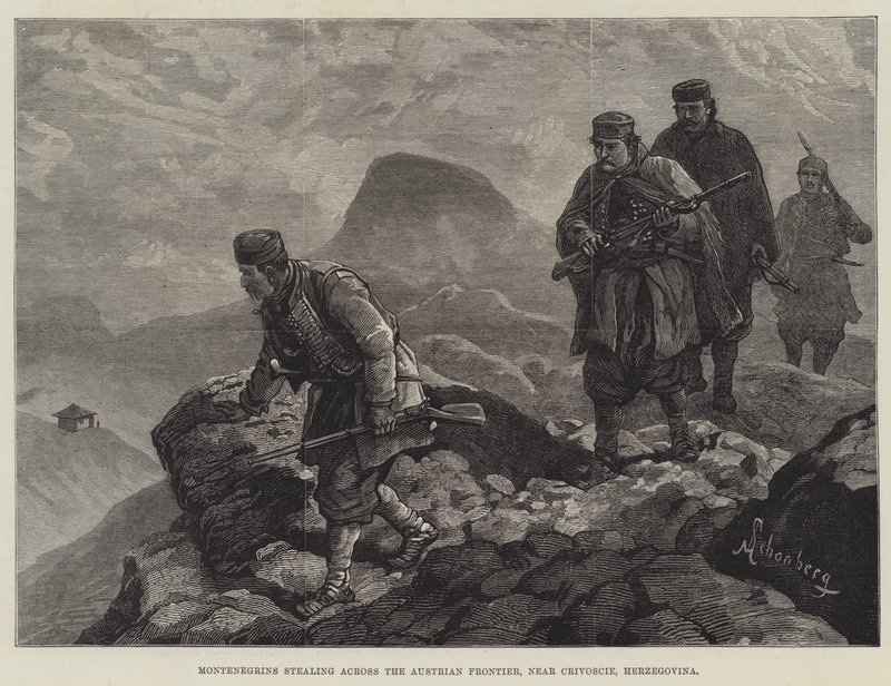 Montenegrijnen die de Oostenrijkse grens oversteken, nabij Crivoscie, Herzegovina door Johann Nepomuk Schonberg
