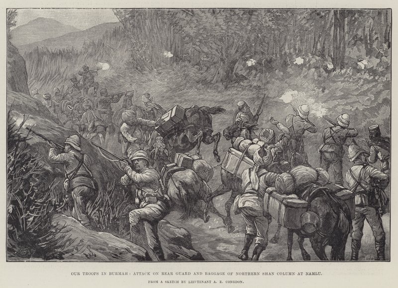 Onze troepen in Birma, aanval op de achterhoede en bagage van de noordelijke Shan-kolom bij Namlu door Johann Nepomuk Schonberg