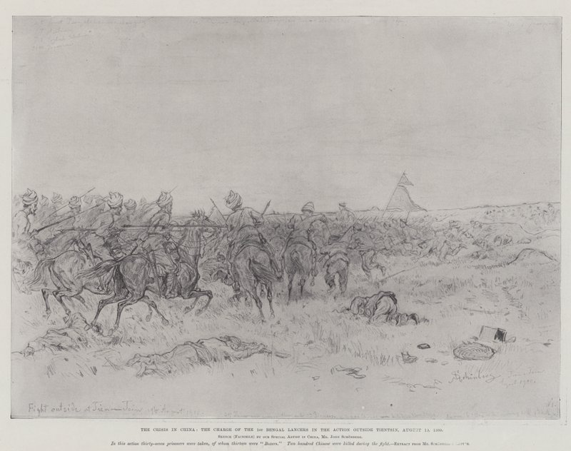 De crisis in China, de aanval van de 1e Bengal Lancers in de actie buiten Tientsin, 19 augustus 1900 door Johann Nepomuk Schonberg