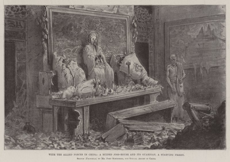 Met de Geallieerde Troepen in China, een verwoeste Joss-House en zijn bewaker, een uitgehongerde priester door Johann Nepomuk Schonberg