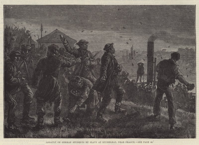 Aanval op Duitse Studenten door Slaven bij Kuchelbad, nabij Praag (gravure) door Johann Nepomuk (after) Schonberg
