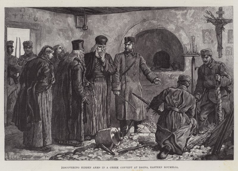 Ontdekking van verborgen wapens in een Grieks klooster in Bagna, Oost-Roemelië door Johann Nepomuk Schonberg
