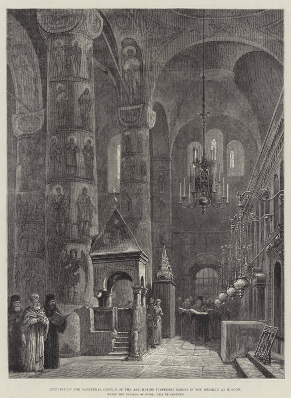 Interieur van de Kathedraal van de Hemelvaart (Uspenski Sabor) in het Kremlin in Moskou, waar de Keizer van Rusland zal worden gekroond door Johann Nepomuk Schonberg