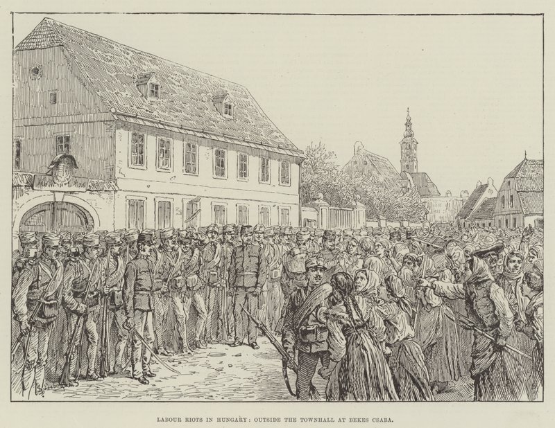Arbeidersrellen in Hongarije, buiten het stadhuis in Bekes Csaba door Johann Nepomuk Schonberg