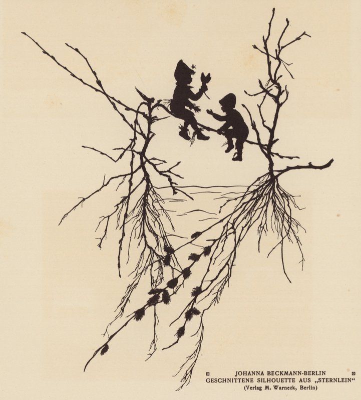 Silhouet van twee figuren zittend op een tak door Johanna Beckmann