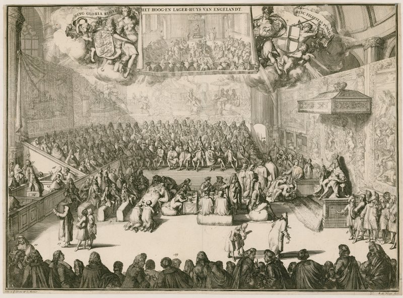 Een zitting in het Lagerhuis met George II op de troon door Johannes and Mortier, Cornelis Covens