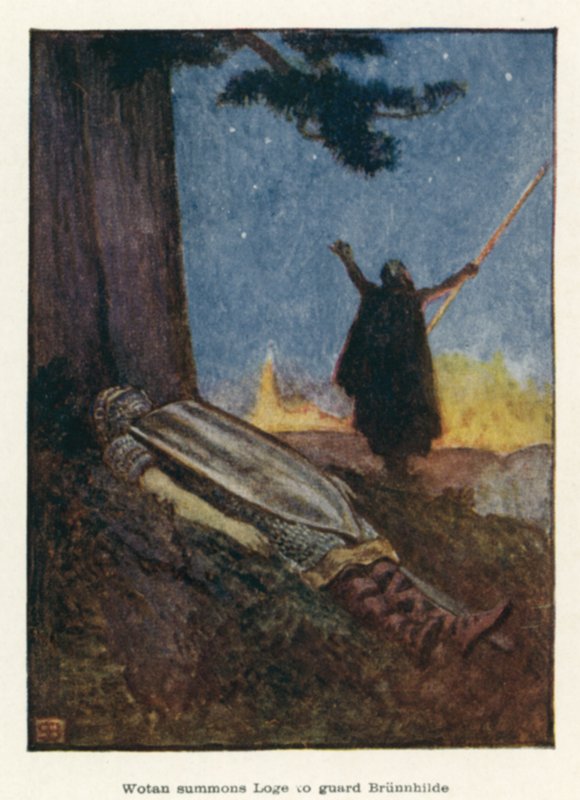 Wotan roept Loge op om Brunnhilde te bewaken door John Byam Liston Shaw