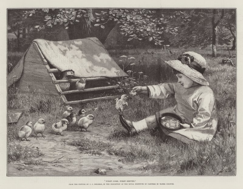Wie het Eerst Komt, het Eerst Maalt, in de Tentoonstelling van het Koninklijk Instituut van Aquarellisten door John Charles Dollman