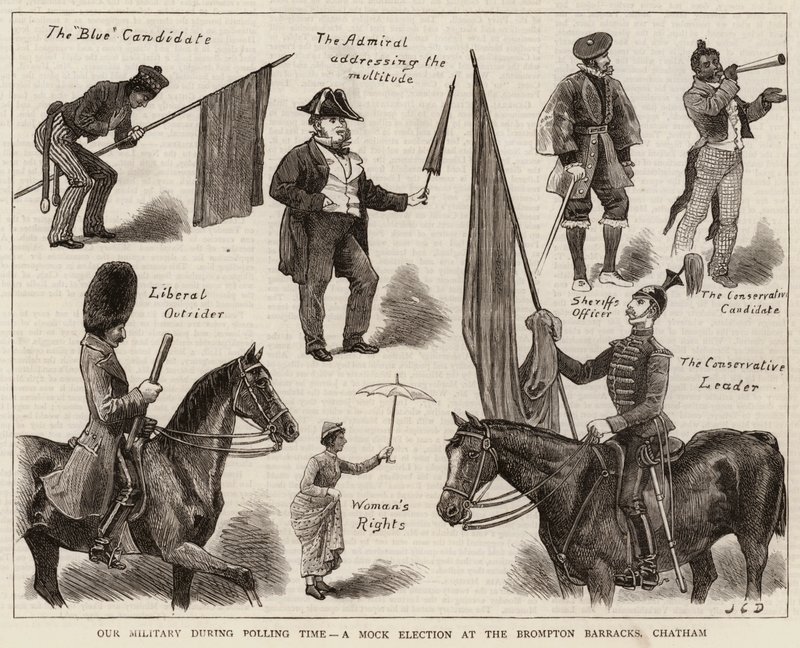 Ons leger tijdens de verkiezingstijd, een schijnverkiezing in de Brompton Barracks, Chatham door John Charles Dollman
