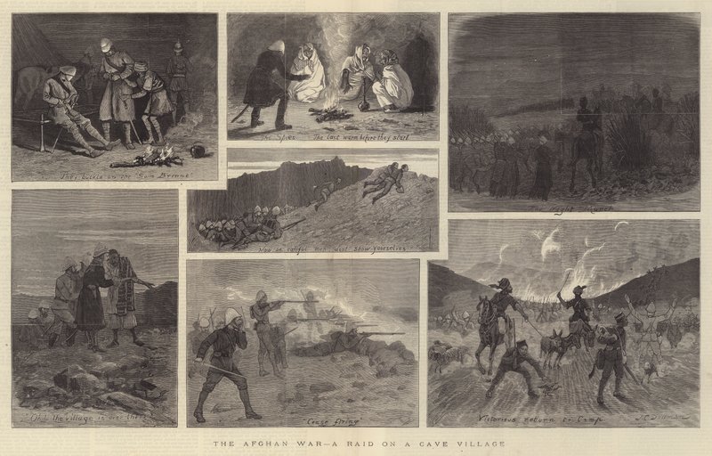 De Afghaanse Oorlog, een Overval op een Grot Dorp door John Charles Dollman