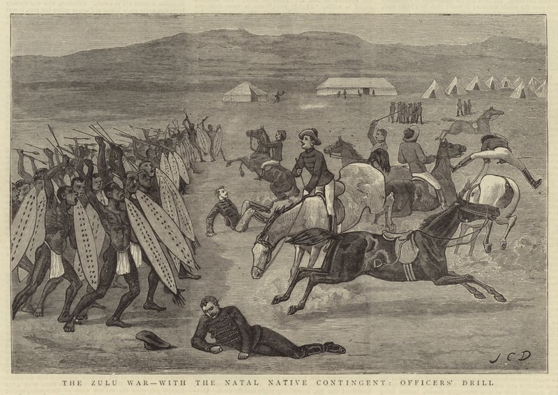 De Zoeloe-oorlog, met het Natal Native Contingent, Officiersdrill door John Charles Dollman