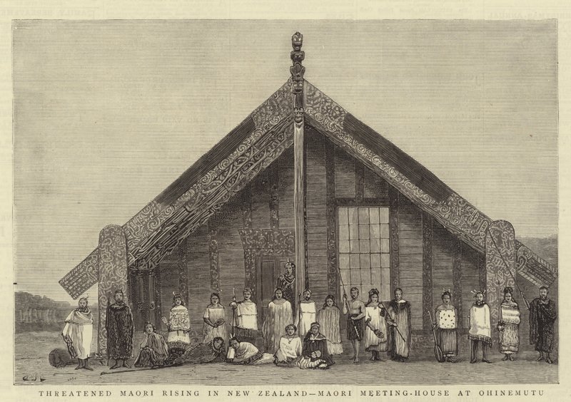 Bedreigde Maori-opstand in Nieuw-Zeeland, Maori Vergaderhuis in Ohinemutu door John Charles Dollman