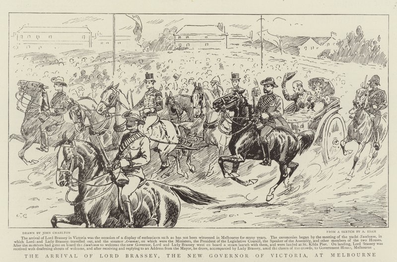 De aankomst van Lord Brassey, de nieuwe gouverneur van Victoria, in Melbourne door John Charlton