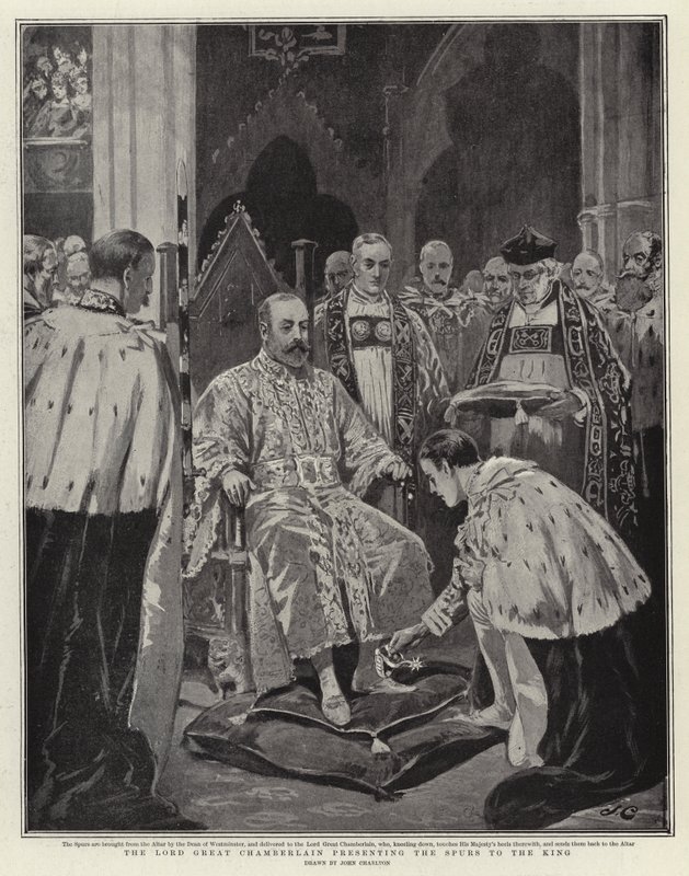 De Lord Great Chamberlain presenteert de Spurs aan de Koning door John Charlton
