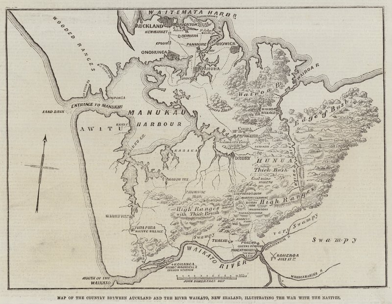 Kaart van het Gebied tussen Auckland en de Rivier Waikato, Nieuw-Zeeland, ter Illustratie van de Oorlog met de Inheemsen door John Dower