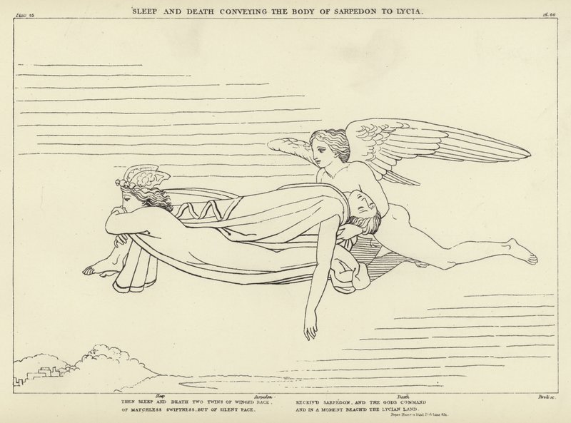 Slaap en Dood brengen het lichaam van Sarpedon naar Lycië door John Flaxman