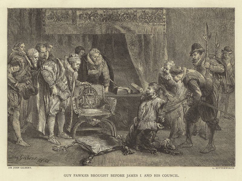 Guy Fawkes voor James I en zijn raad gebracht door John Gilbert