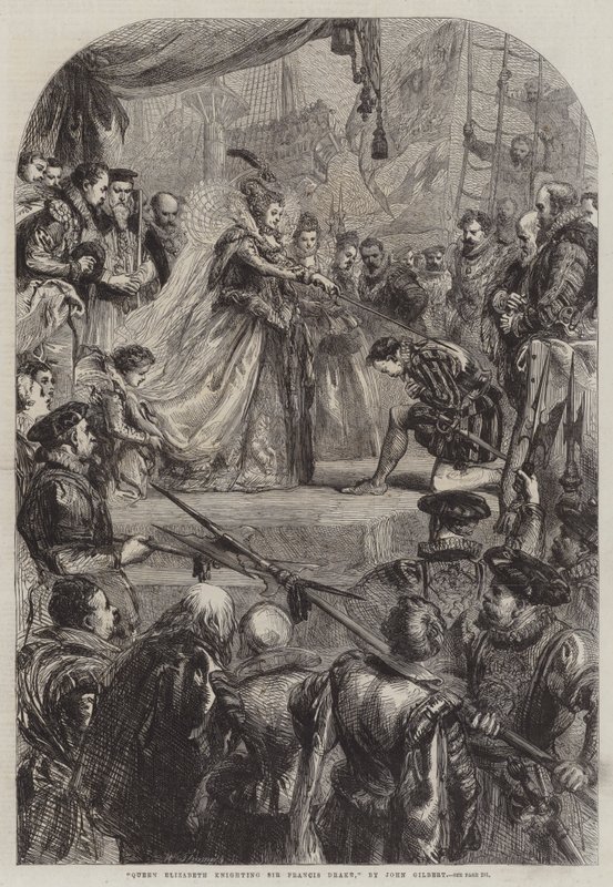 Koningin Elizabeth die Sir Francis Drake tot ridder slaat door John Gilbert